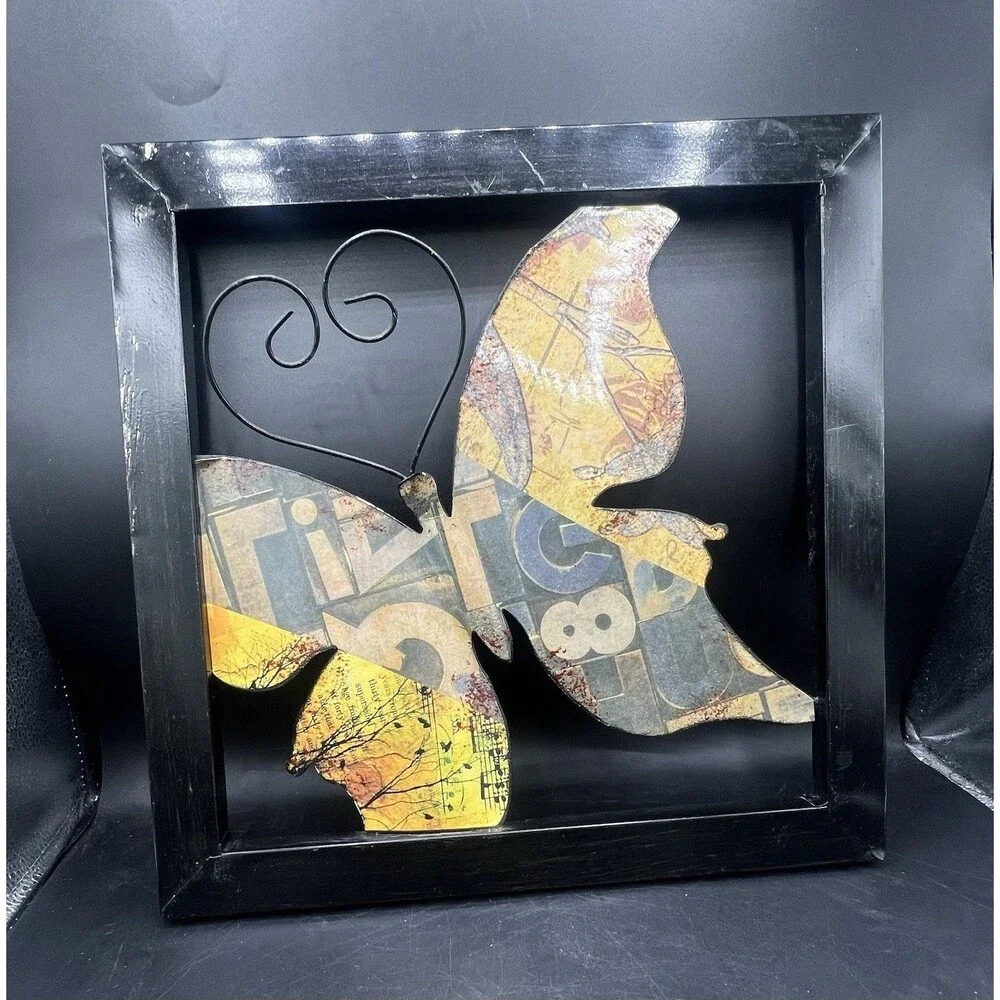 Framed Butterfly Black Metal Art Wall Sign Decor w/Metal Decal Indoor Outdoor